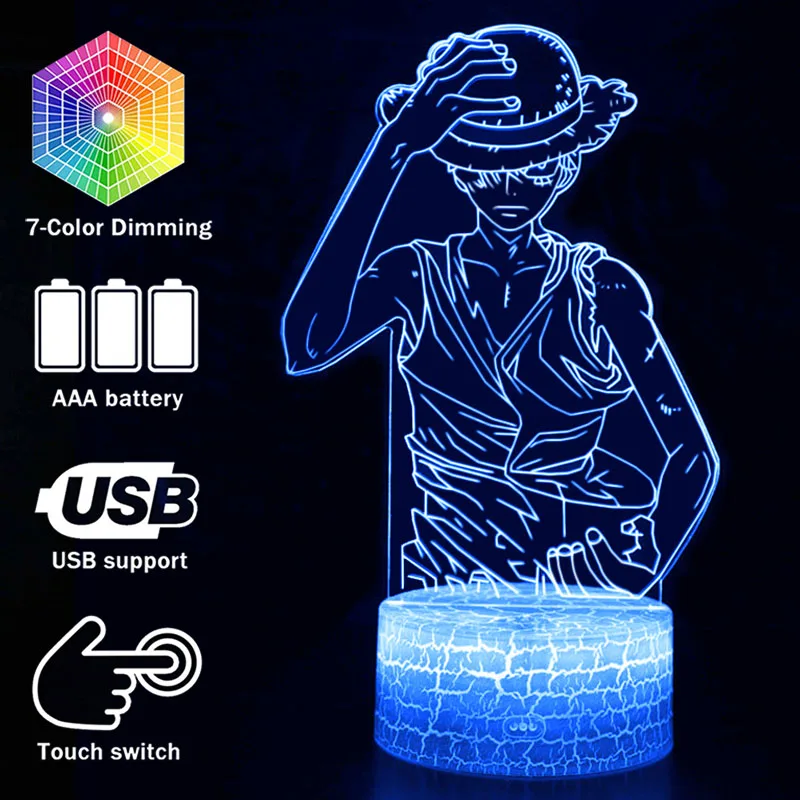 Novelty Lighting One Piece Anime 3D illusion LED Lamp Luffy Zoro Model Night LightsKids Room Decoration Creative Christmas Gifts