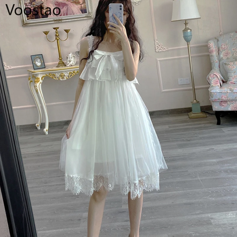 

Summer Sweet White Fairy Dress Women Cute Lolita Princess Lace Ruffles Sleeveless Sling Dress Girly Kawaii Bow Party Dresses