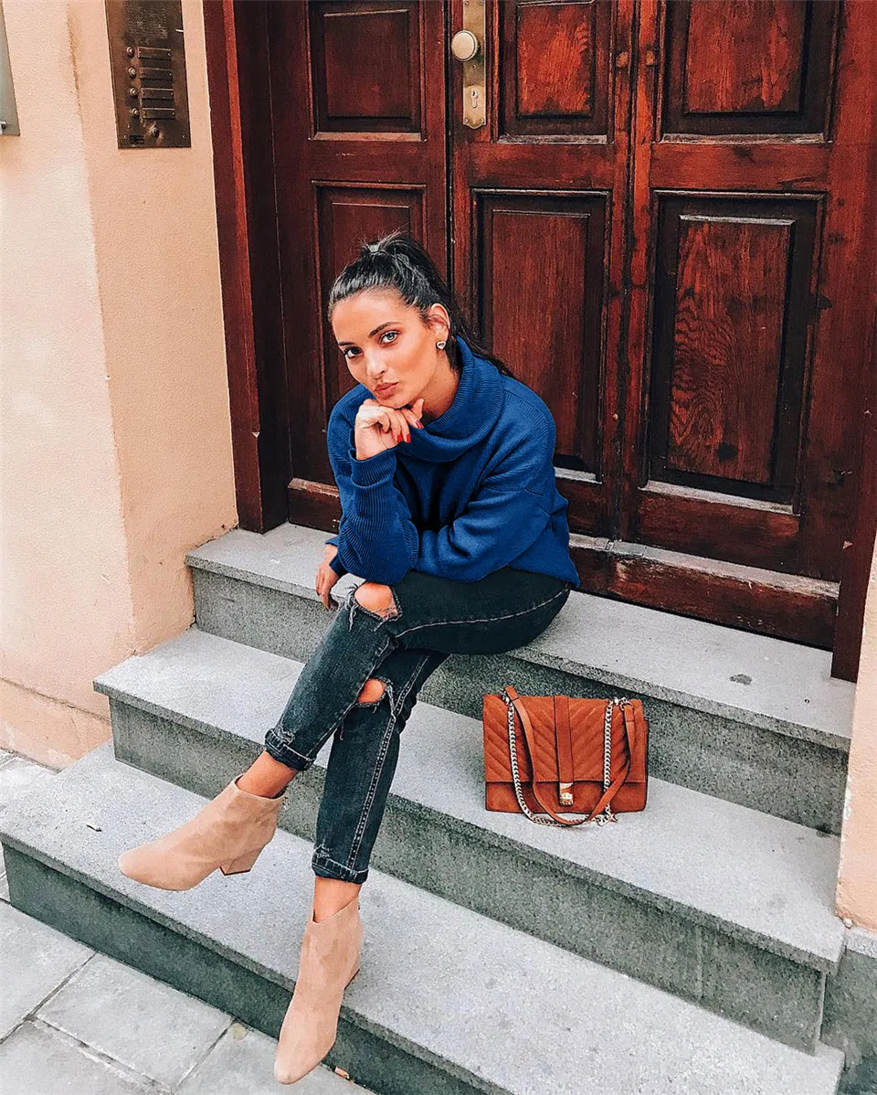 Женские осенние толстовки для уличной носки, лоскутный дизайн, пуговицы, Декор, высокий воротник, длинный рукав, однотонный топ, Женский Повседневный пуловер, рубашки - Цвет: Синий