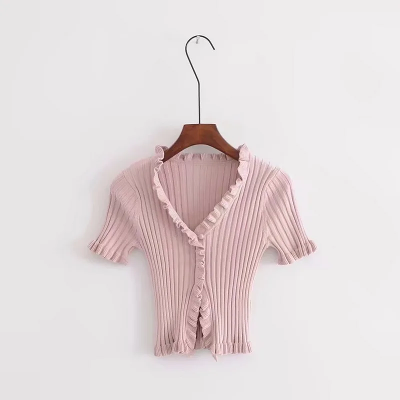 pink T Shirt Women Летняя женская трикотажная рубашка Харадзюку короткий рукав с оборками, укороченный топ, сексуальная уличная одежда, Женская забавная футболка с коротким рукавом - Цвет: pink T Shirt Women