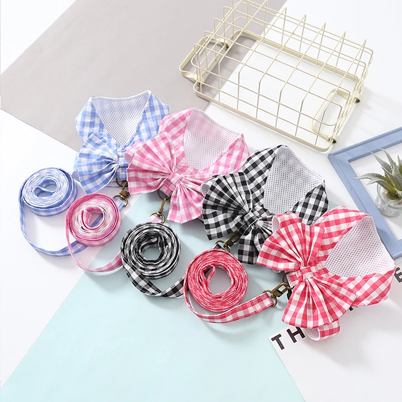 

Big Bow-knot Dog Harness And Leash Set French Bulldog Plaid Vest Small Dog Clothes Supplies Pitbull Chihuahua Puppy Accessories