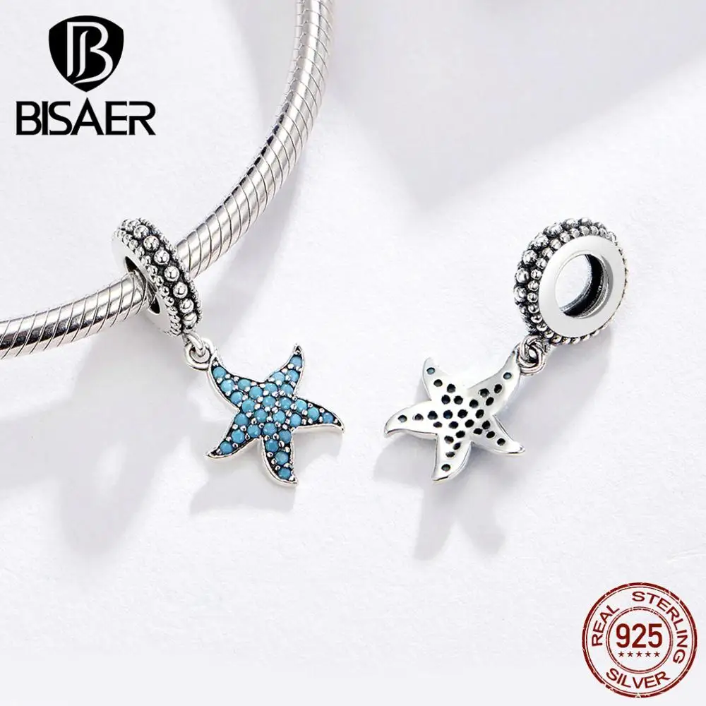 BISAER, новинка, летняя романтическая серия, 925 пробы, серебряная луна, кот, счастливый дельфин, синяя Морская звезда, подвески, подвески, сделай сам, ювелирное изделие HSC1205
