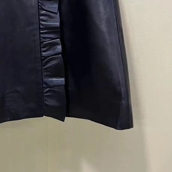 

Женская кожаная юбка с кружевом, однотонная Асимметричная юбка с высокой талией, Осень-зима 2021