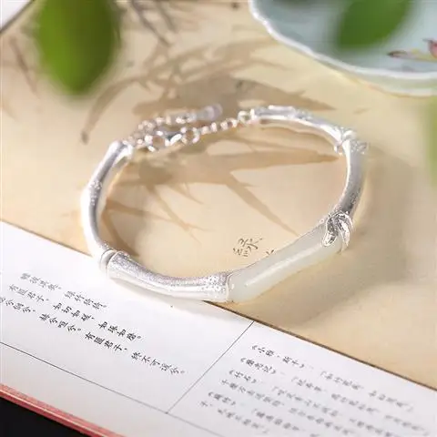 

S925 Sterling Silver Bamboo Natural Hetian Jade Bracelet Retro Chinese Style Ethnic Style Open Women's Bracelet Silver Accessori