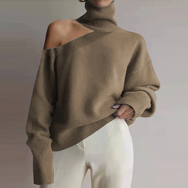 Женский свитер с высоким воротником свободные вязаные свитера открытыми плечами