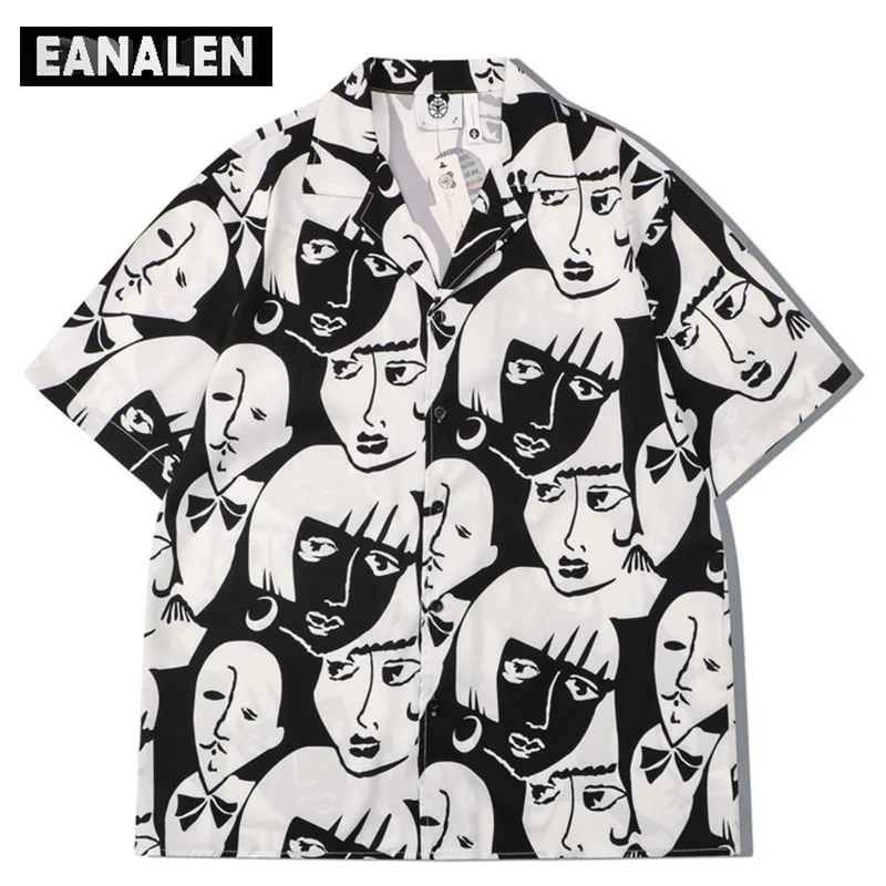 

Portrait Print Button Shirt Men's Hawaiian Y2K Punk Harajuku Vintage Fashion Oversized Anime Beach Short Sleeve Shirt Aesthetics