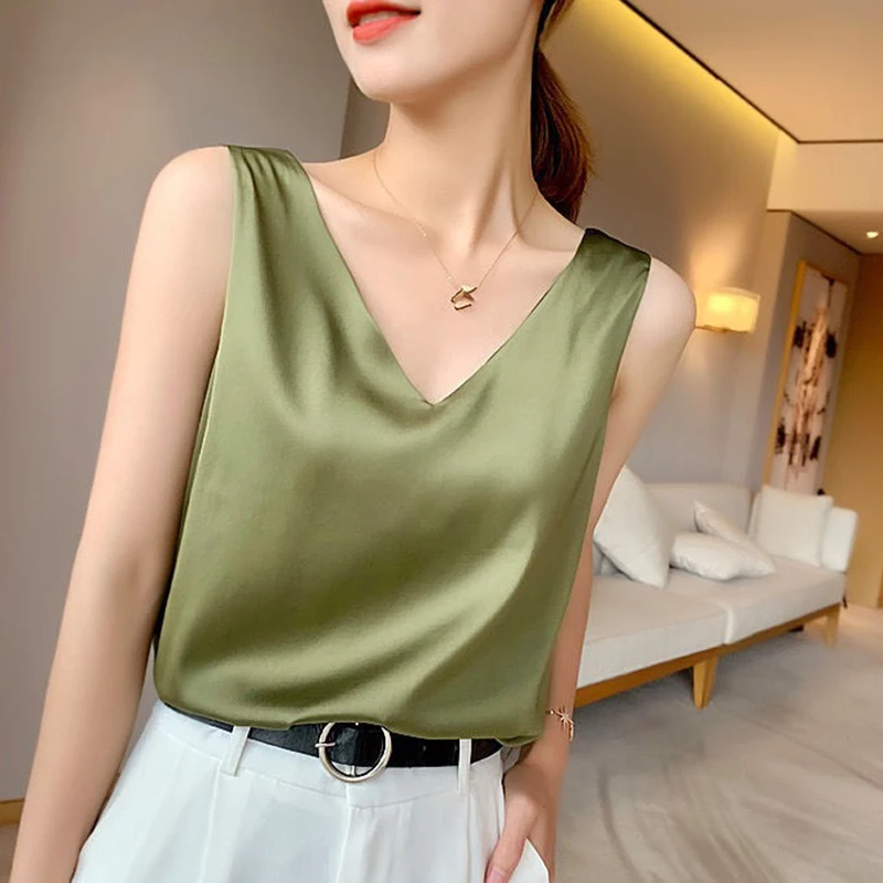 

Женская атласная блузка без рукавов, с V-образным вырезом