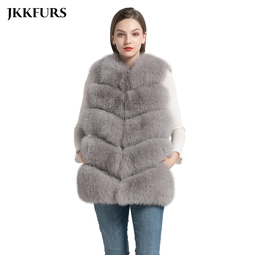 JKKFURS Новое поступление натуральный Лисий мех жилет женский Зимний натуральный мягкий натуральный мех длинный жилет модное пальто 5 рядов жилет S1571