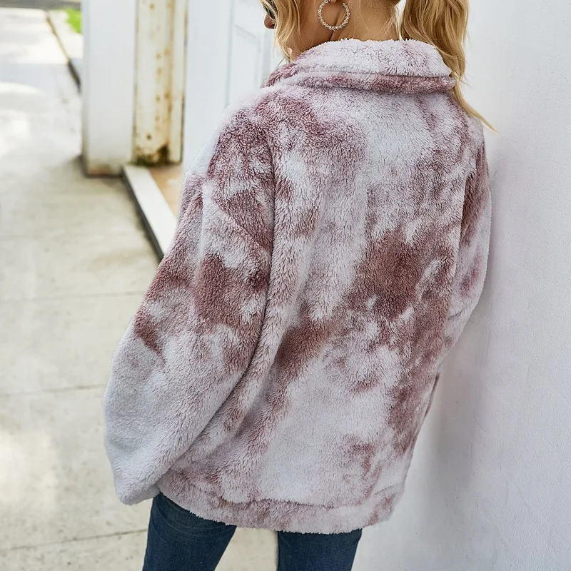

Women Autumn Lapel Coat Plush Jacket Winter Coat Zipper Turn Down Collar Ladies Tie Dye Jacket With Pocket Female Clothing