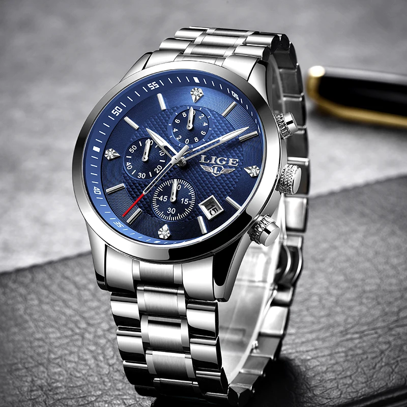 

Часы наручные LIGE Мужские кварцевые Стальные, люксовые брендовые деловые повседневные водонепроницаемые в коробке, 2020