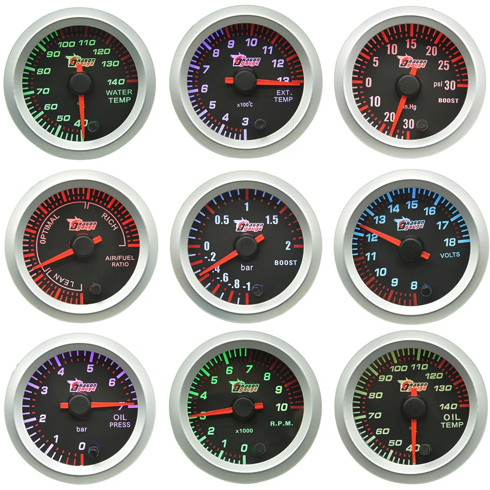

Dragon gauge 52mm 7 Color Backlight Car Boost Oil Temp Pressure Water Temperature RPM Meter Voage Tachometer Air FUel GAS Gauge