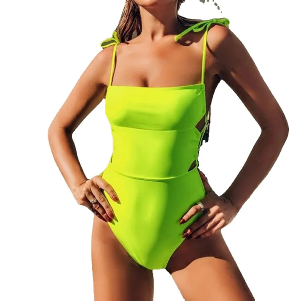 

Hot Neon One Piece Swimsuit Bandeau Swimwear Women Lace Up Tie Shoulder Sexy Monkini Cute Swimsuit Women Beach Wear Bodysuits