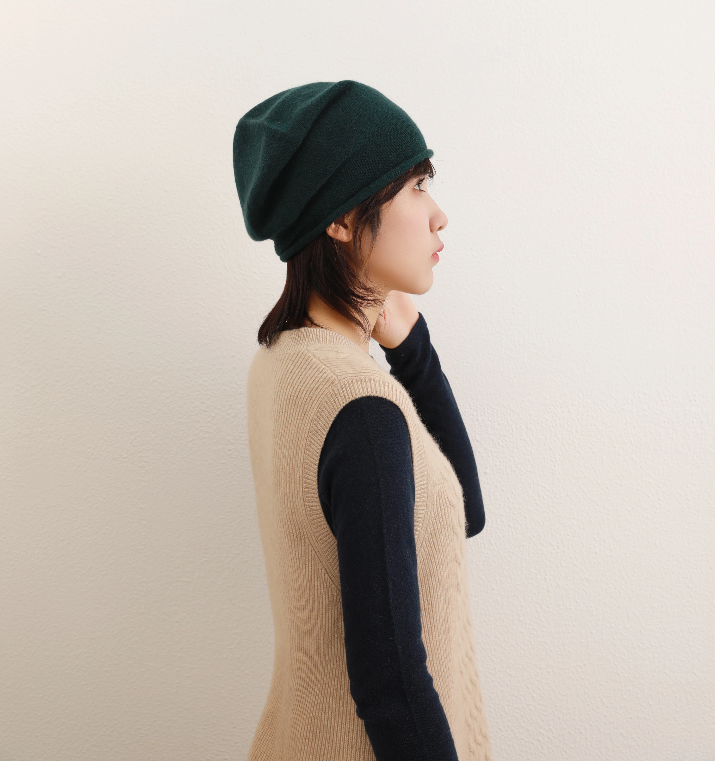 

100% cashmere knitted hat new popular autumn and winter warmth double layer curled cashmere hat for Pure cashmere plain knitted