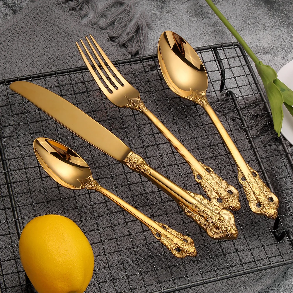 

Luxury Tableware Dinner Set Kitchen Device Sets Golden Cutlery Fork Spoons Serving vaisselle cuisine Flatware Silverware