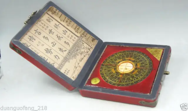 BAGUA COMPASS Feng Shui Lo Luo Pan Chi Dragon Phoenix Leather Box Brass Lock | Figurines & Miniatures