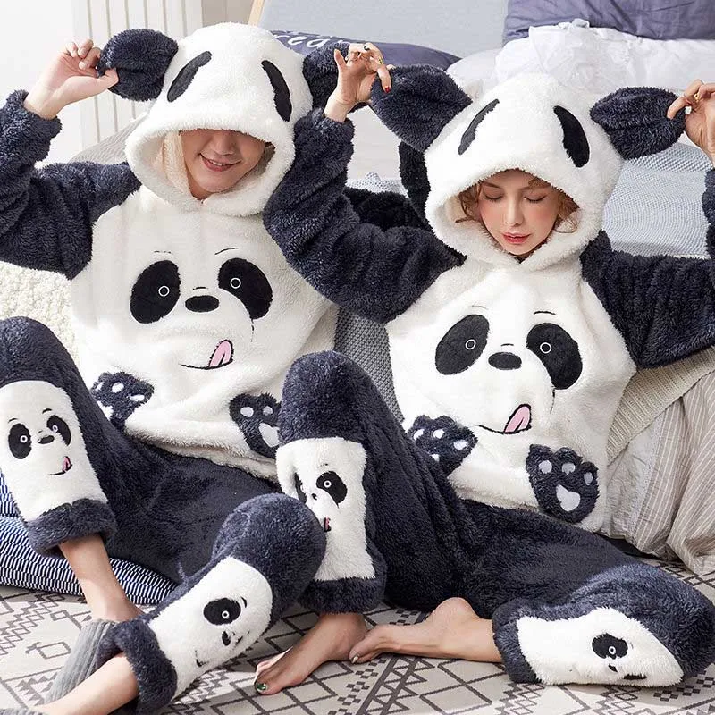 

Unisex adult couple pajamas men winter velvet sleepwear 2 pieces warm flannel pajamas set animal cartoon cute home clothes