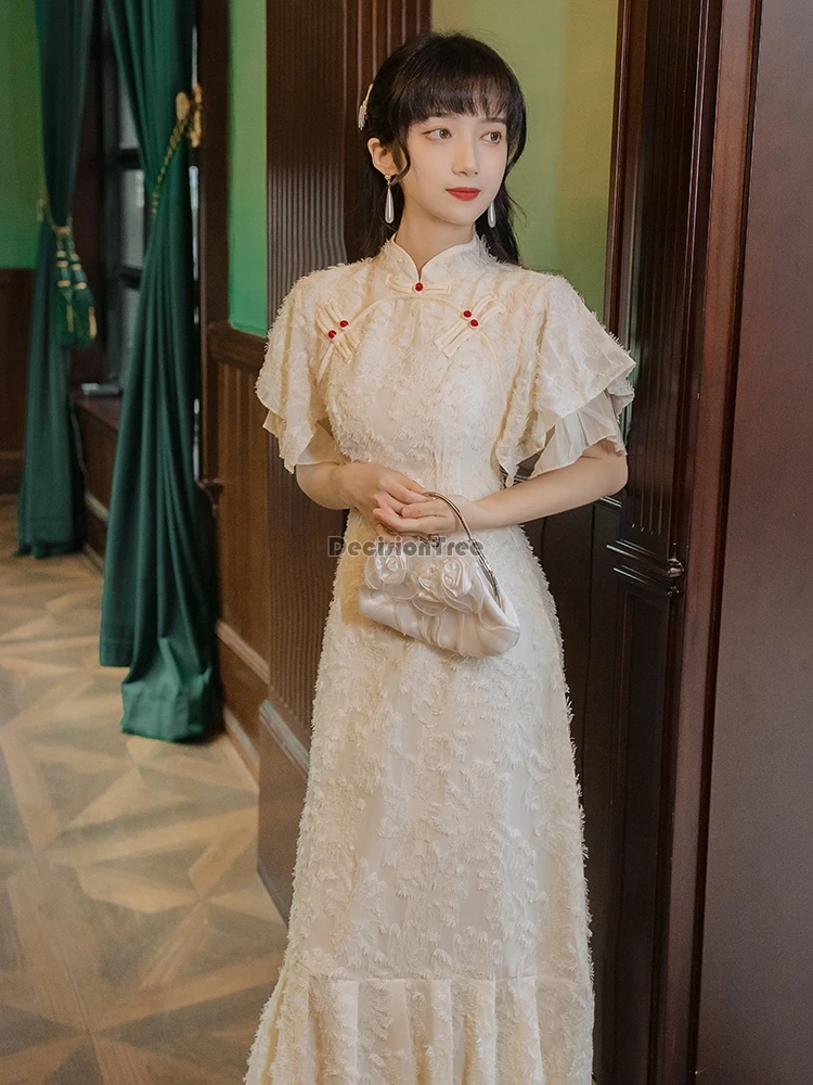 

2021 китайское женское сатиновое Ночное платье элегантное платье Ципао с цветочным принтом; Винтажное платье Ципао, vestidos, элегантное торжест...