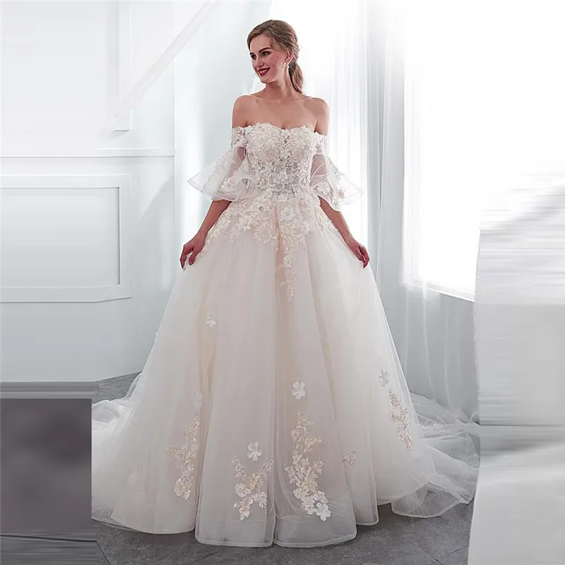 

Off Shoulder Lace Appliques Wedding Dresses Lace Appliques Lace Up Corset Bridal Gowns Natural Waistline Robe De Mariage Custom