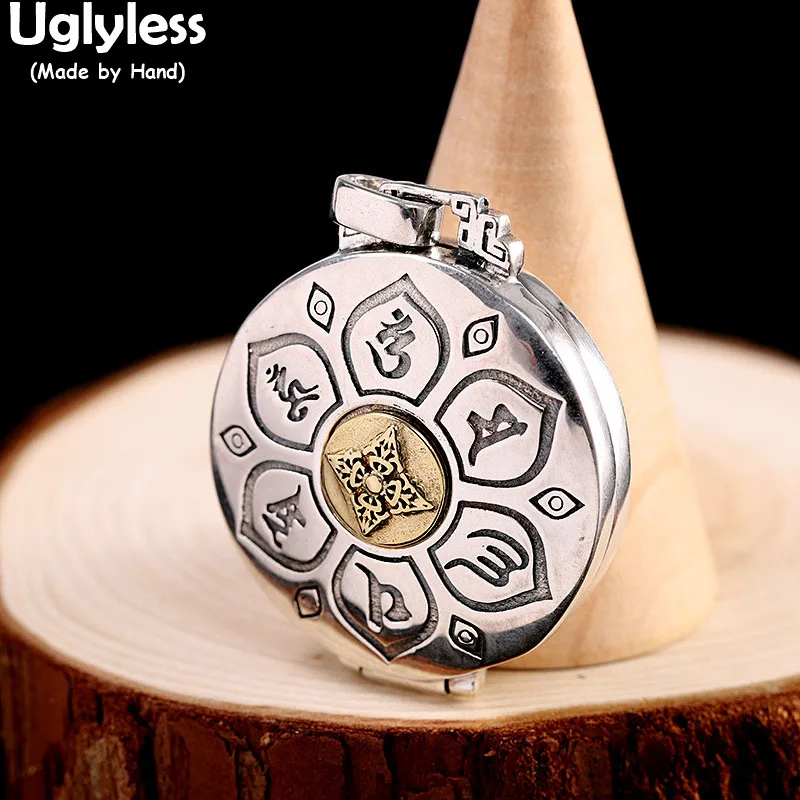 

Uglyless Big Creative Buddhism Jewelry for Men Open Photo Folder Pendants Necklaces NO Chains Swastika 6-Word Mantra 925 Silver