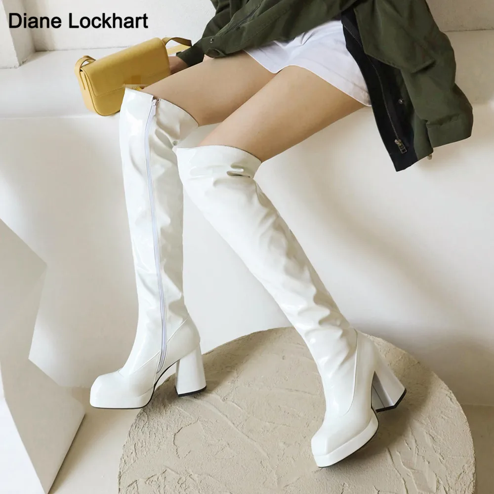 

New Autumn Winter Women Knee High Boots High Heels Platform Zip Thigh High Long Boots Ladies Shoes Motorcycle Boots White Black