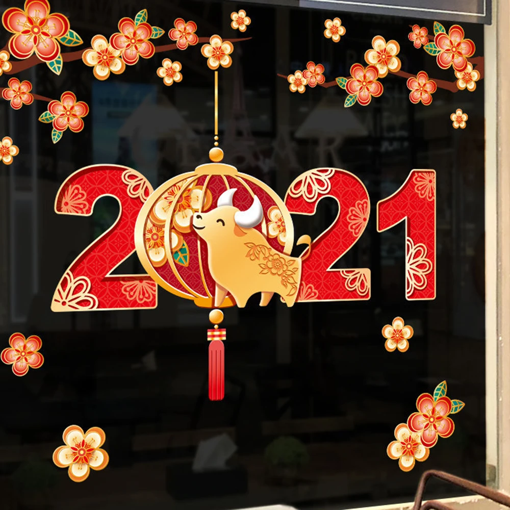 

2021 Chinese New Year Wall Sticker 60x90cm God Of Wealth Glass Painting Home Decor Window Decal Spring Festival Door Sticker