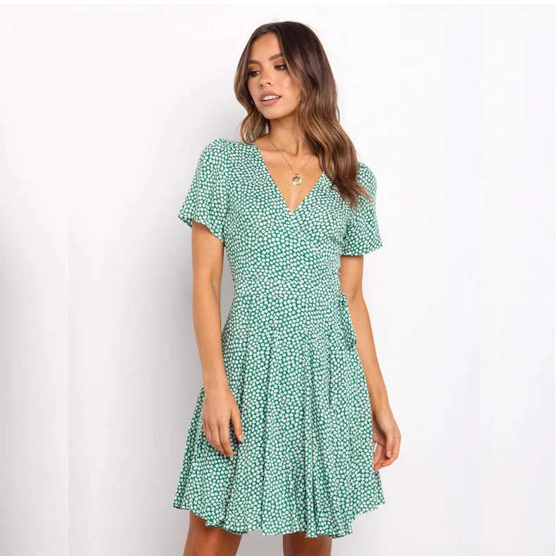 

WEPBEL Summer Sexy Slim Dress Women's Casual V-neck Pleated Short Sleeve Floral Print High Waist Dress