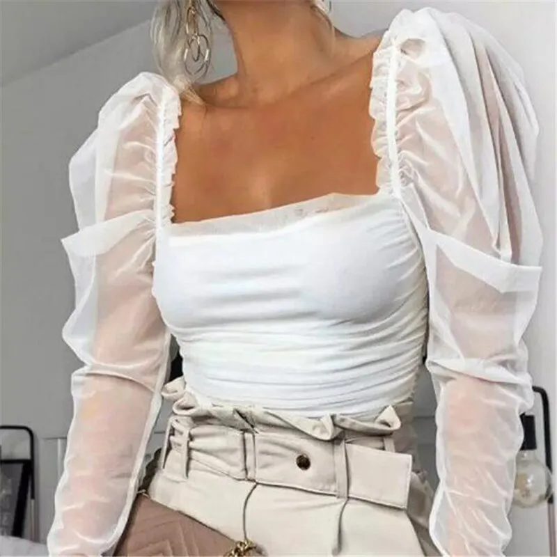 2020 New Fashion Women Sheer Mesh Shirts Sexy Ruched Puff Long Sleeve Square Neck Slim Fitted Blouses Office Ladies Blouse Black | Женская