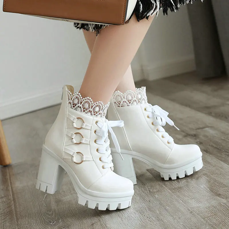 

Women Martin Boots Plus Size 42 43 Black Lace-up Winter Warm Plush Female Office High Heels Thick Platform Ladies Booties Pumps