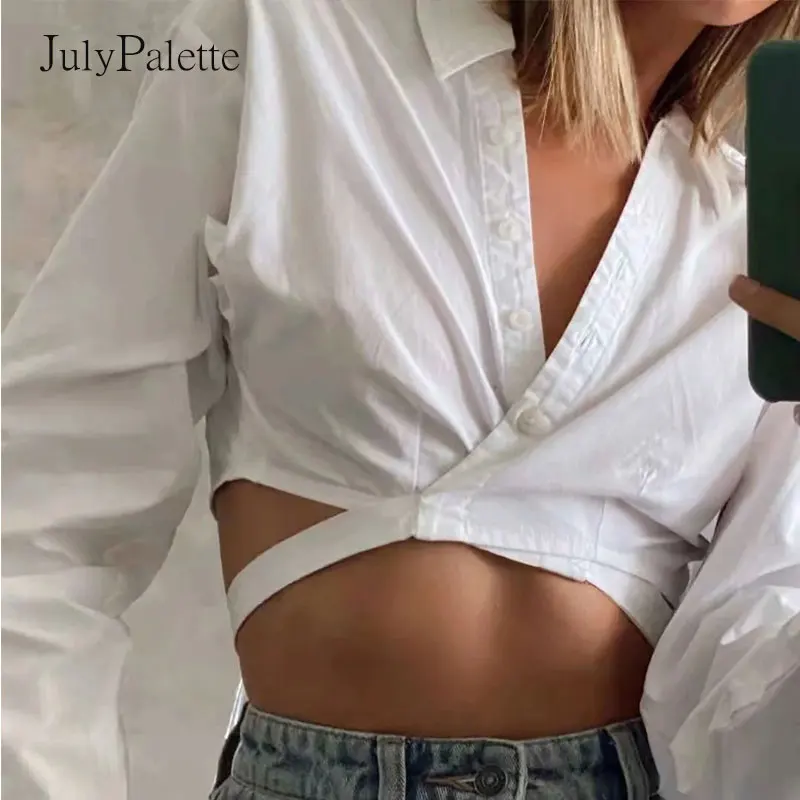 

Julypalette Модная белая бандажная женская рубашка с длинным рукавом весенняя короткая женская блузка с отложным воротником повседневные униве...