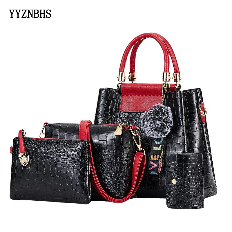 

4PS Women Bags Set Luxury Crocodile Female Handbags PU Leather Shoulder Bags Brand Composite Bag Black Top-handle Bag Messenger