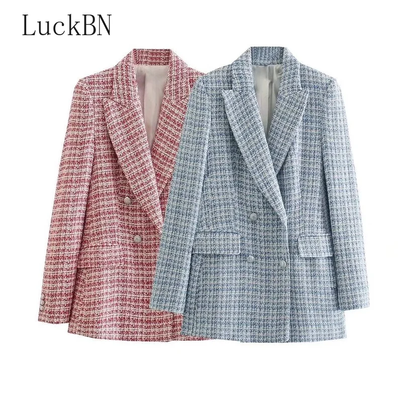 

Женский твидовый двубортный пиджак, винтажный пиджак с длинным рукавом и карманами с откидной крышкой, верхняя одежда, 2021