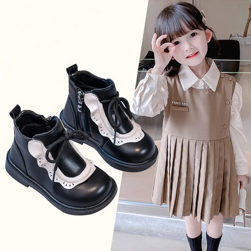 

Children's shoes girl's Martin boots autumn and winter new female baby foreign style lace leather shoes