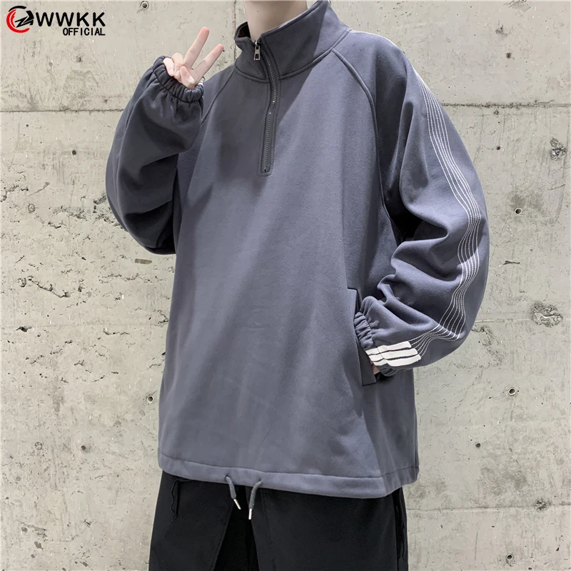 

WWKK Для мужчин, Ретро стиль, Harajuku толстовки 2021 осень пуловер Для мужчин s Уличная одежда в Корейском стиле, свитшоты с заниженной линией плеч с...