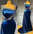 Женское атласное вечернее платье-русалка, темно-синее платье с бусинами и кристаллами, модель для выпускного вечера и вечеринки