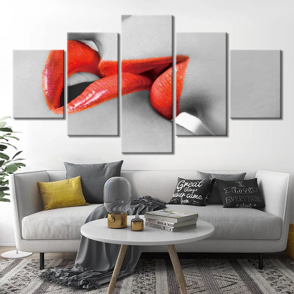 

Poster Canvas Paintings Modular Room Decor 5 Piece Love Red Mouth Kiss Picture Wall Art Framed HD Prints Home Decor