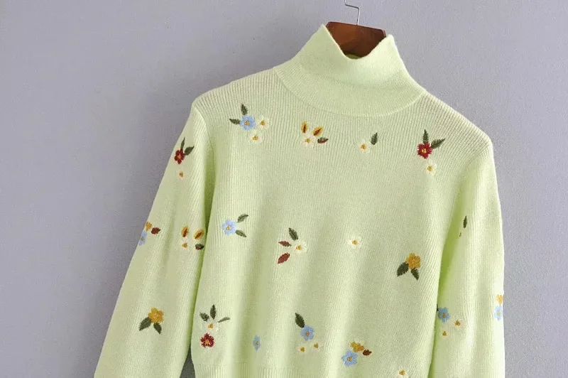 

Casual Flower Embroidery Base knit Sweater Women 2020 Fashion Autumn Warm Slim Knitted Long Puff Sleeve Outerwear Europe America