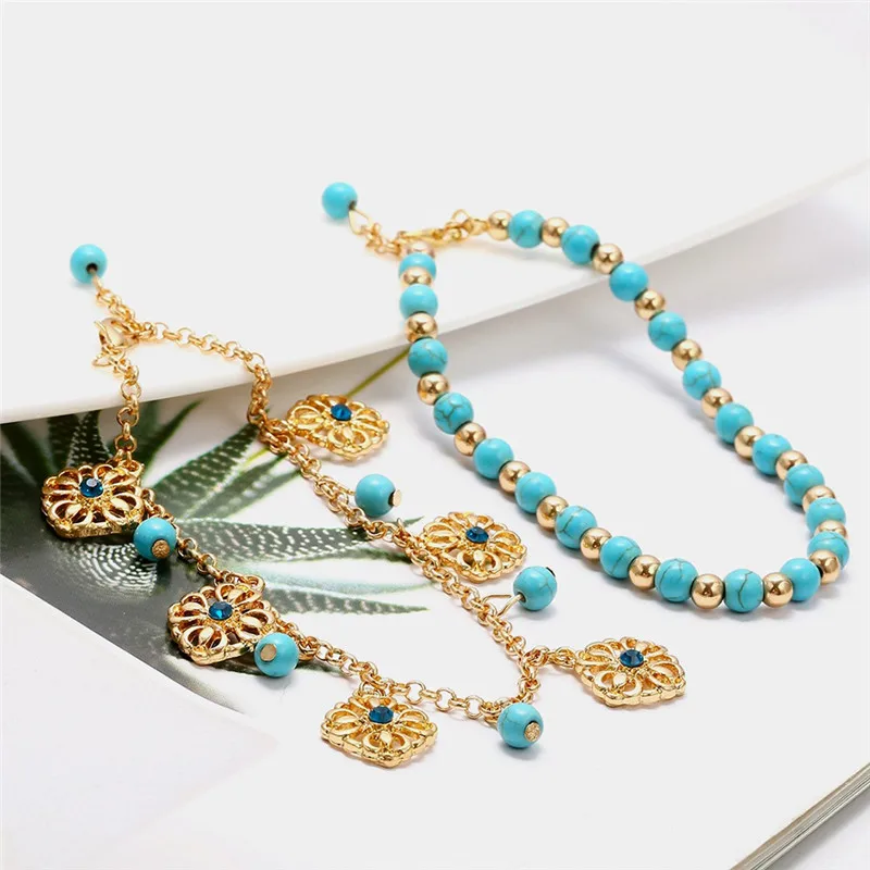 2 шт./компл. золотой цвет зеленый хаулит бисера ножной браслет Уникальный цветок