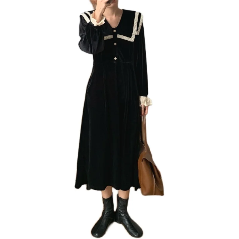 

COIGARSAM Vintage Patchwork Women dress Lace Dresses Black 9163