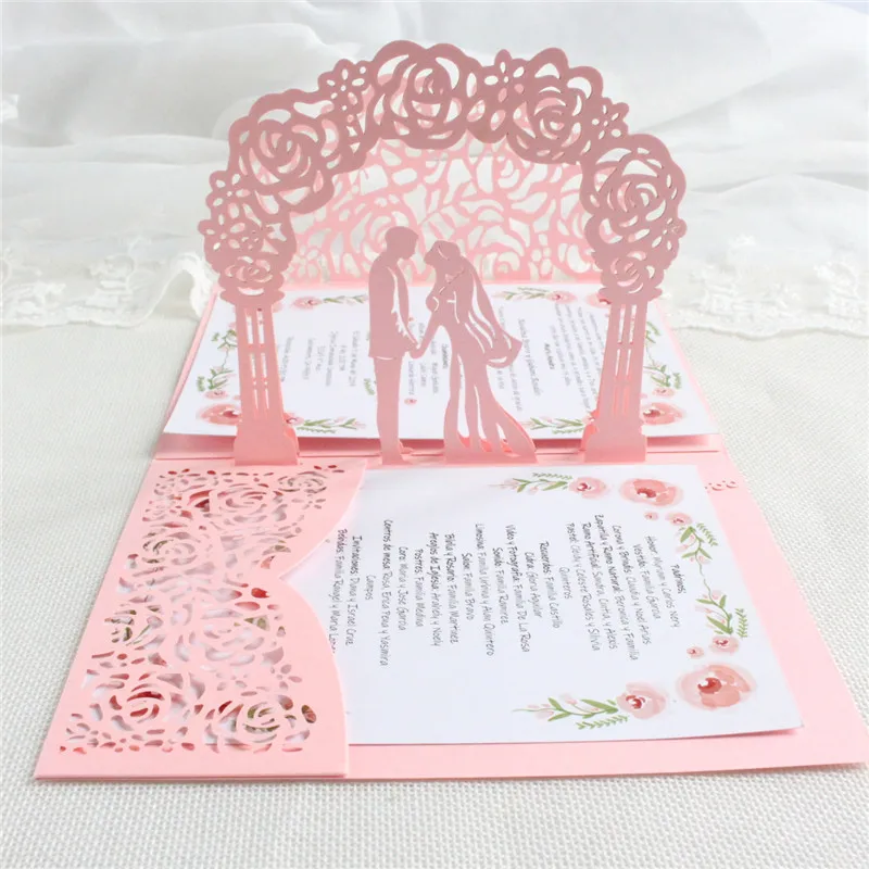Romantic pink 3D wedding invitation card envelop rose laser cut hollow tri-fold pocket anniversary dinner party supply