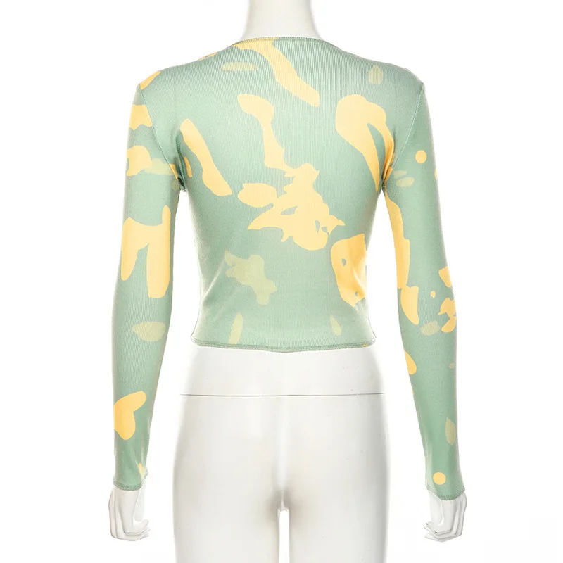 

Y2k Tops Print Women T Shirt Patchwork Long Sleeve O Neck Slim Streetwear Tees 2021 Autumn Lady Fashion Striped Outfits New