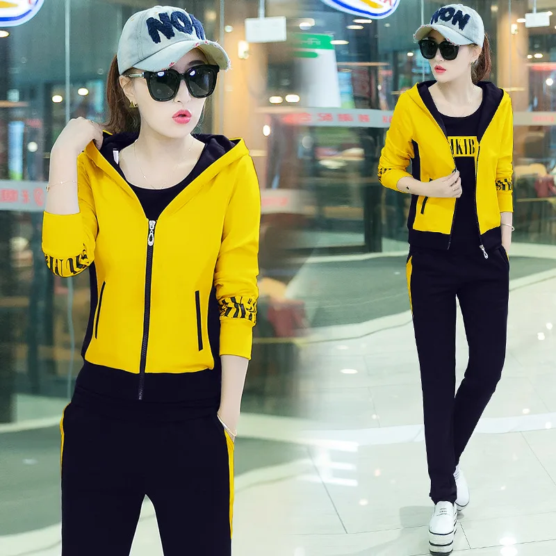 yellow 3 шт., весенний женский спортивный костюм, толстовки на молнии, толстовки+ куртка+ штаны, для бега, для бега, повседневный тренировочный комплект, спортивный костюм - Цвет: yellow