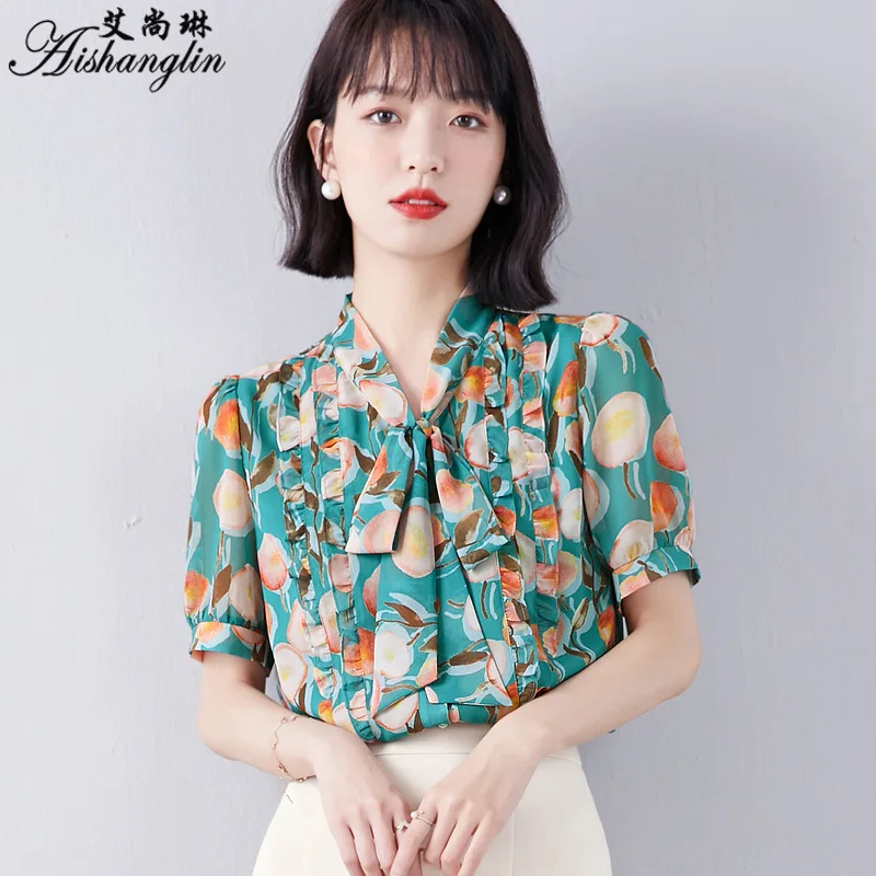 

Women's chiffon shirt women's design niche new French short sleeve floral top 1156 in summer 2021