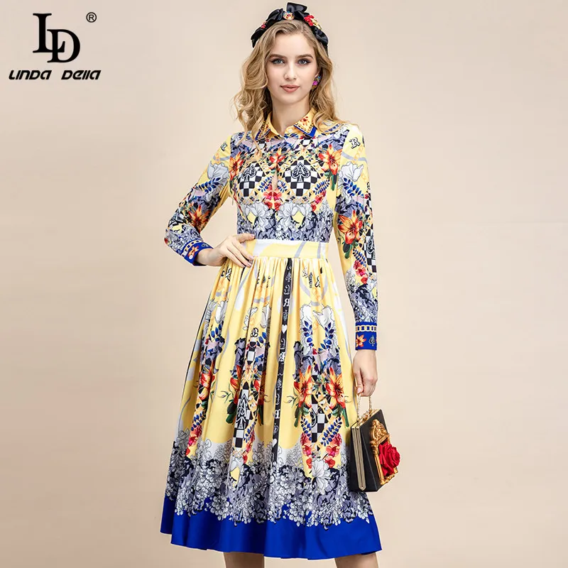 

LD LINDA DELLA 2021 летнее модное подиумное винтажное вечерние платье для женщин с длинным рукавом с высокой талией и цветочным принтом плиссирован...