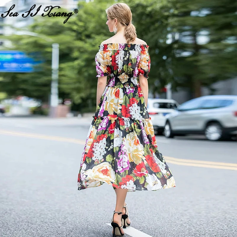 

Seasixiang Fashion Designer Summer Maxi Dress Women's Elegant Flower-Print Elastic Waist Sexy Off Shoulder Long Chiffon Dresses