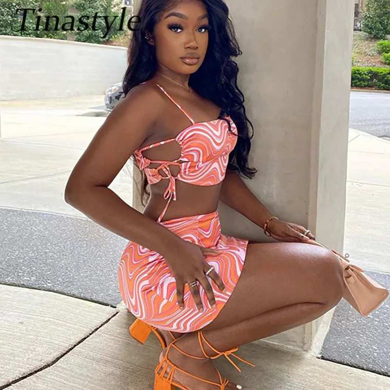 

Tinastyle Fashion Printted Party Outfits Women Two Piece Set Crop Tops And Skirts Suit Female Lace Up Bodycon Clubwear Vestidos