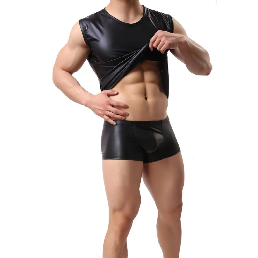 Жилет мужской из искусственной кожи Удобная майка с круглым вырезом на плечах