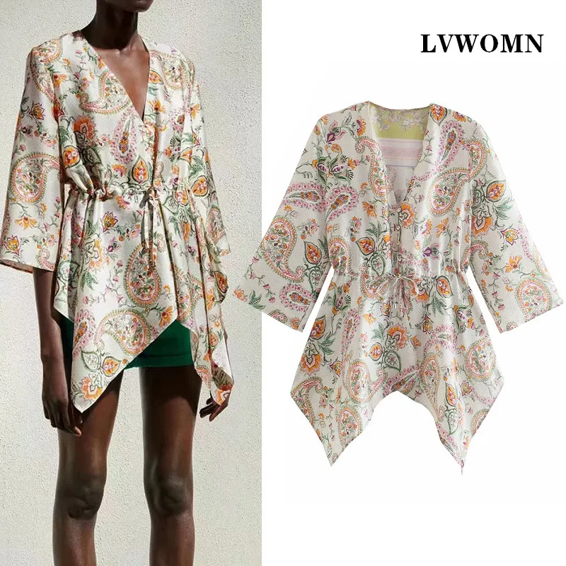 

LVWOMN Za Women Blouses Fashion 2021 Summer Elegant Irregular Long Sleeves Print Shirt Women Clothing Vintage Top Chic Blouse