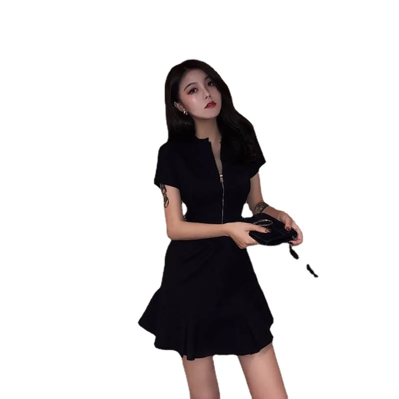 

2021 Summer Sexy Ruffle Mini Women Dress Slim Soild Elegent V Neck Fishtail Femme Dresses Party Short Sleeve Gothic Clothes