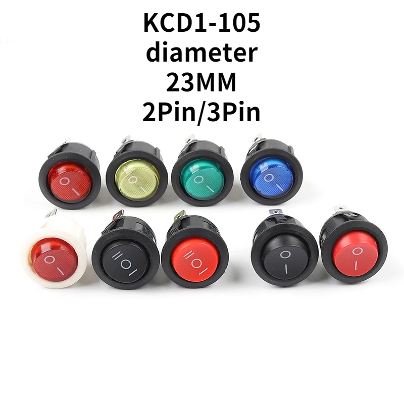 

5PCS KCD1 Round Rocker Switch 23MM 2/3Pin ON-OFF-ON 2/3 Position 6A/250VAC 10A/125VAC SPST LED Car Push Button Switch With Light