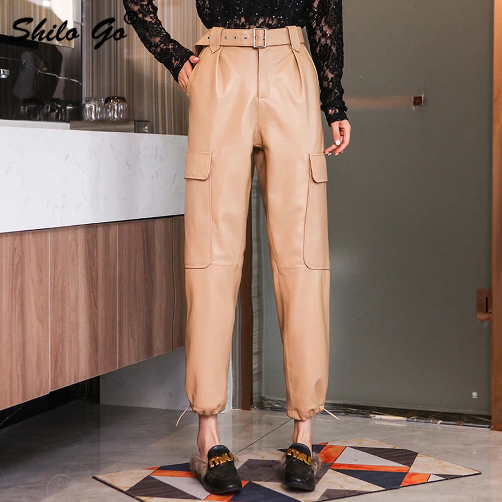 

Safari Style Buckle Belted Pants Womens Winter Streetwear Pockets Detail Genuine Leather Pants Casual Sheepskin Trousers Female